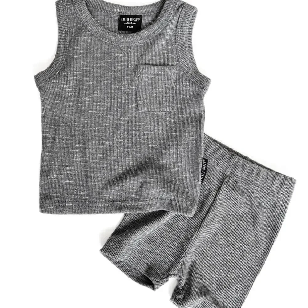 Little Bipsy Charcoal Gray Ribbed Tank & Biker Shorts Outfit Set Size 0-3 Months